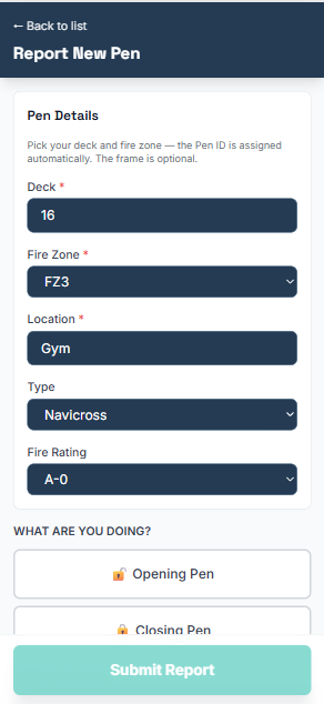 Reporting a new pen: deck, fire zone and location