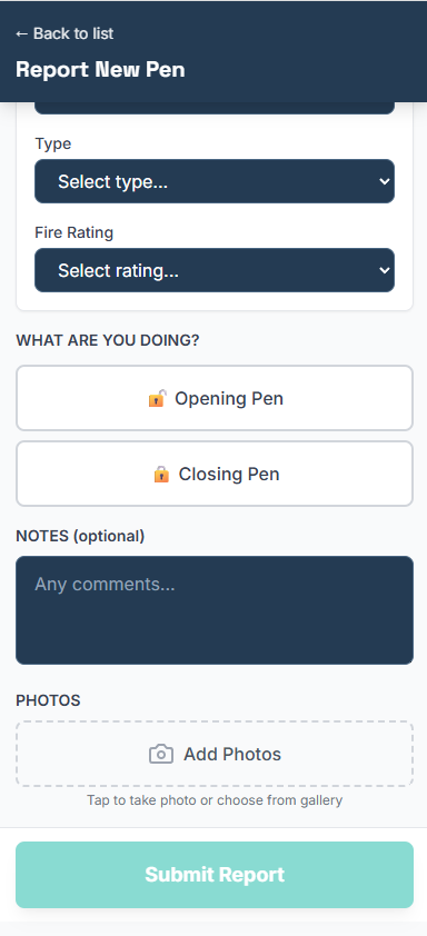 Choosing Opening or Closing, with a notes field